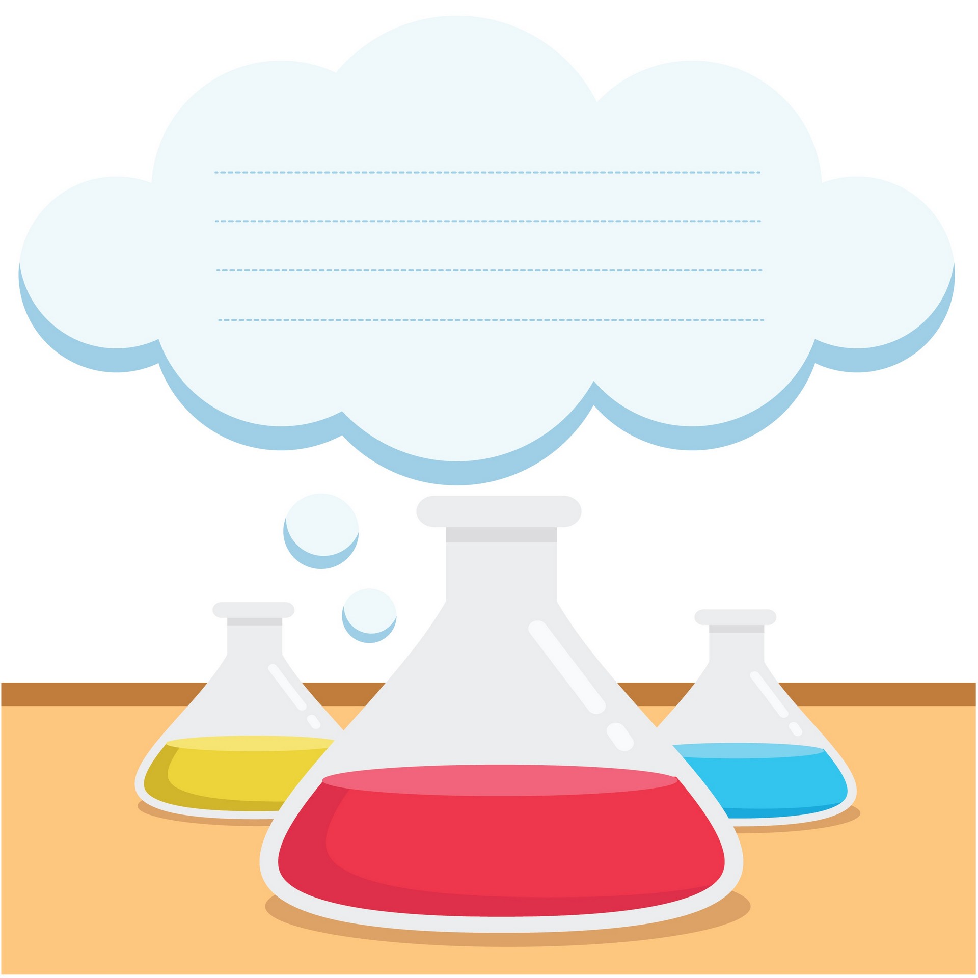 Three chemistry flasks in the color yellow, red and blue