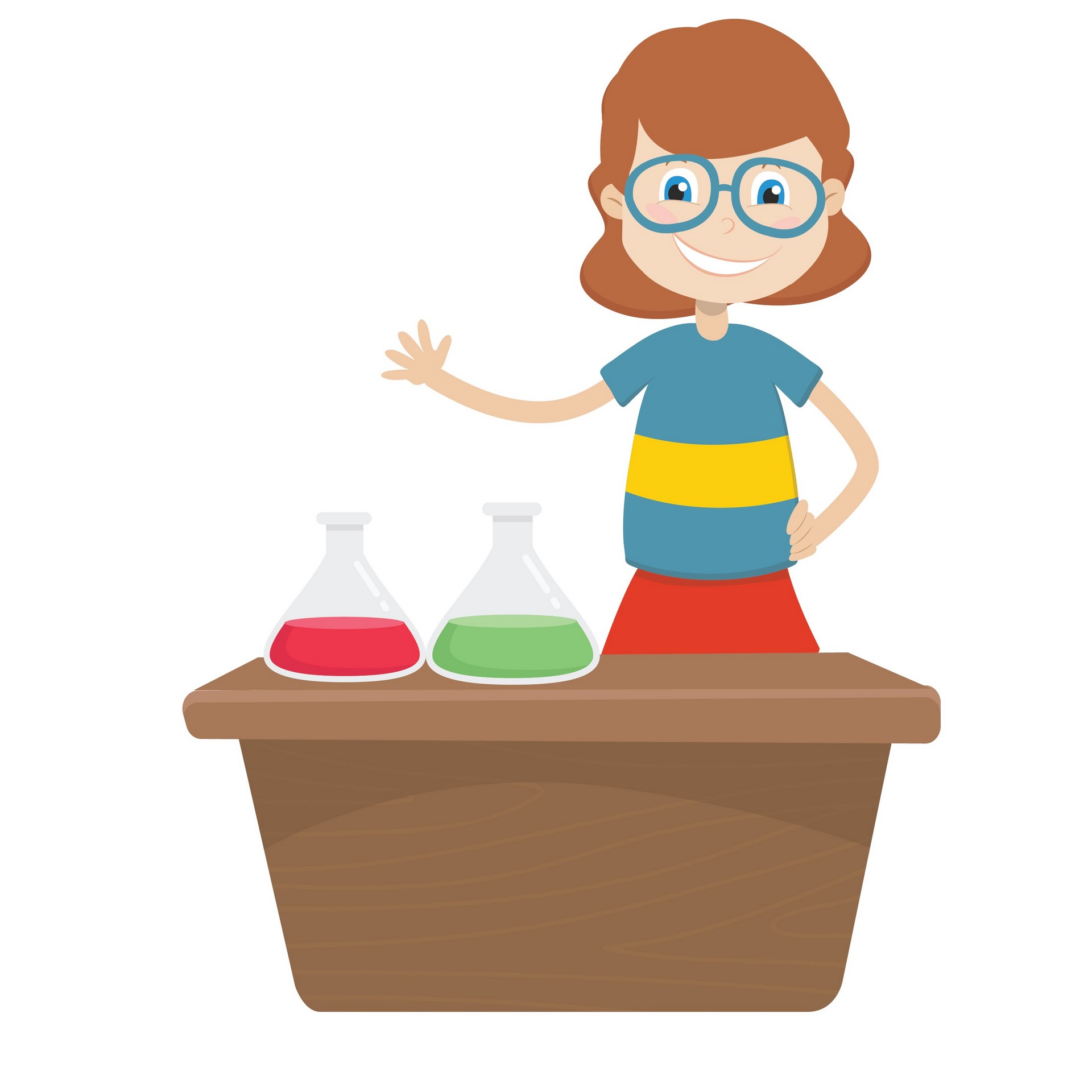 A animated image of a teacher with two chemistry flasks, red and green